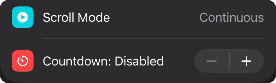 The Scroll Mode and Countdown settings, with a minus and plus stepper