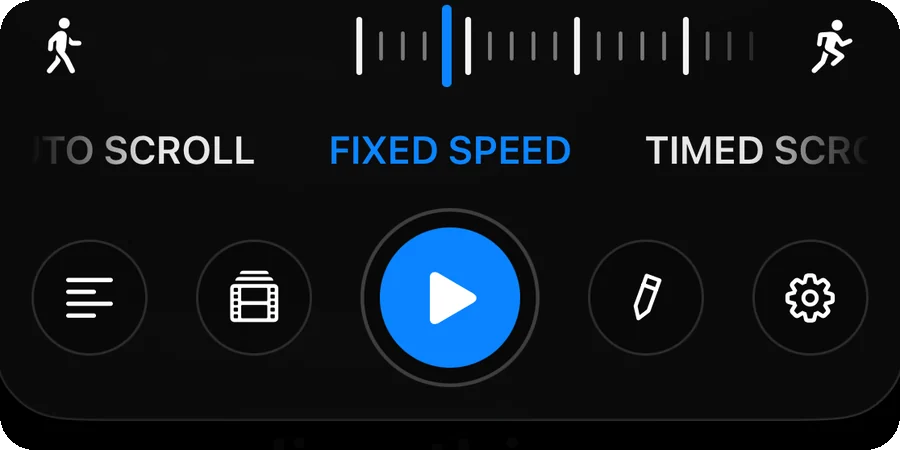 The dock: speed tape with walk and run icons, Auto Scroll, Fixed Speed and Timed Scroll