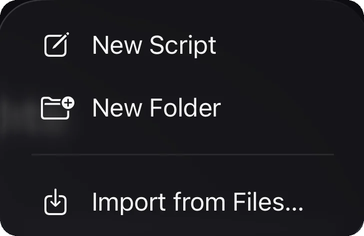 The library menu with New Script, New Folder and Import from Files