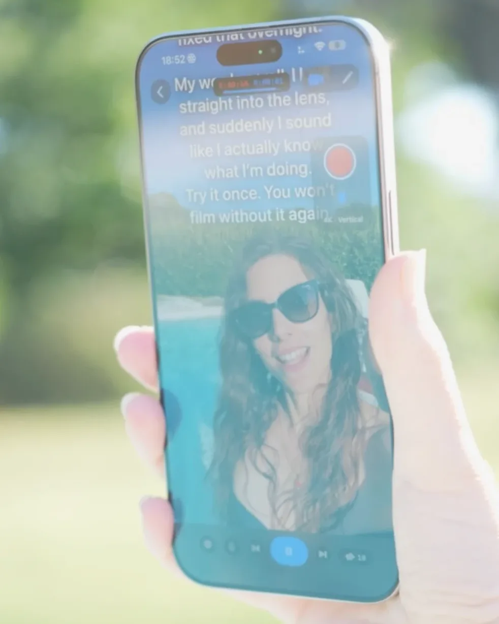 Nadia holding her iPhone while she films with Teleprompter Premium+, her script scrolling over the camera