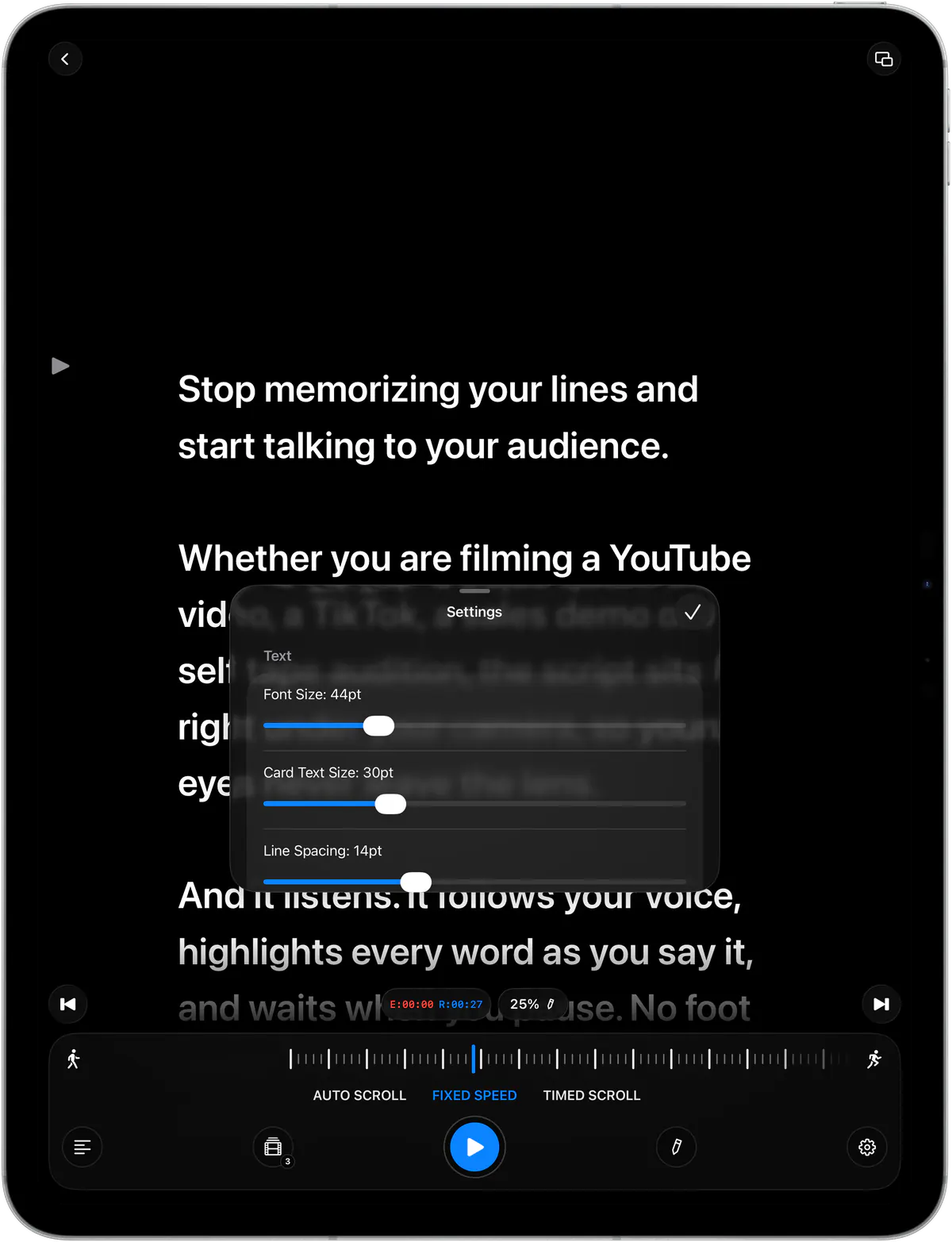 Text settings on iPad: font size, card text size and line spacing