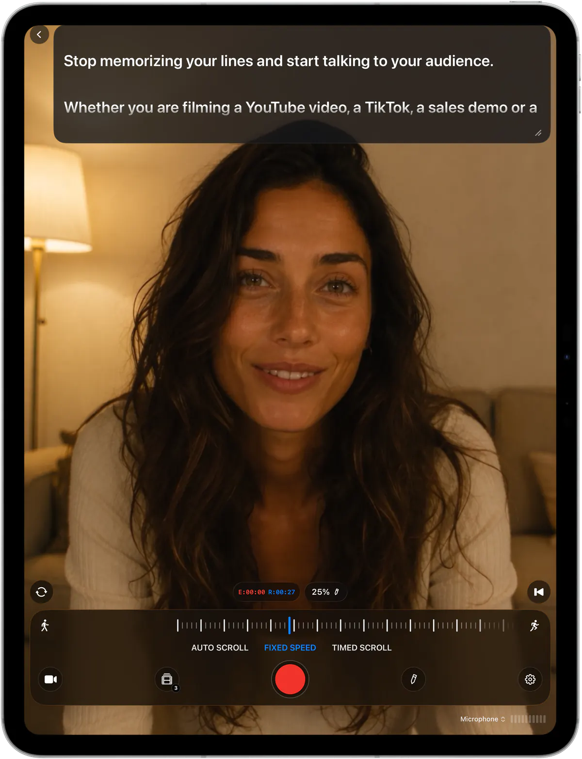 Recording video on iPad with the script floating over the camera