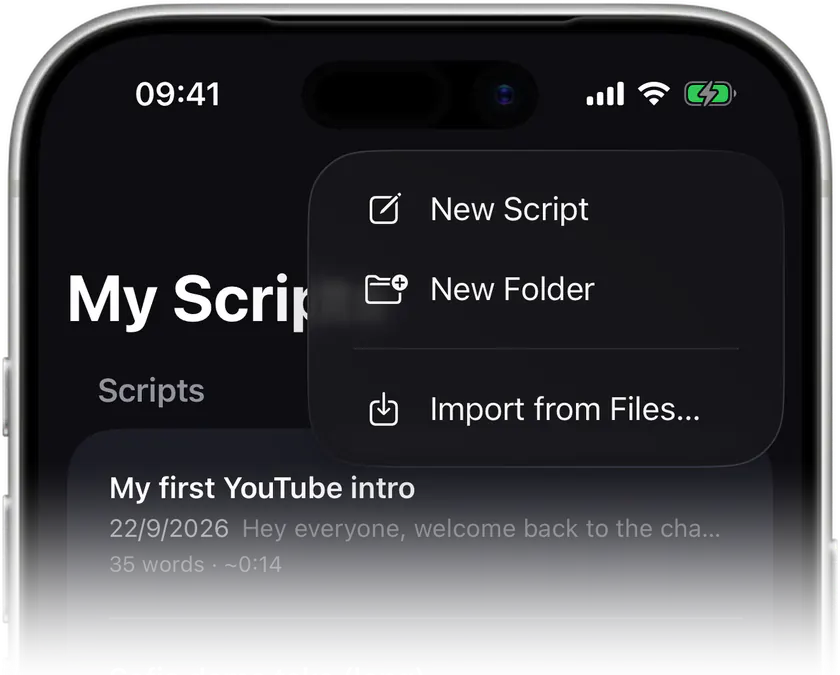 New Script, New Folder and Import from Files on iPhone