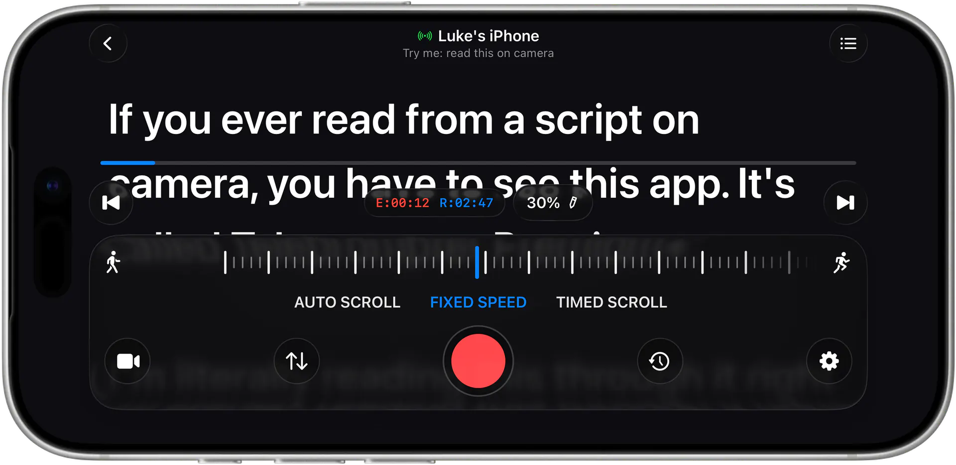 iPhone as the remote: live script, clocks, speed and record for the prompter across the room