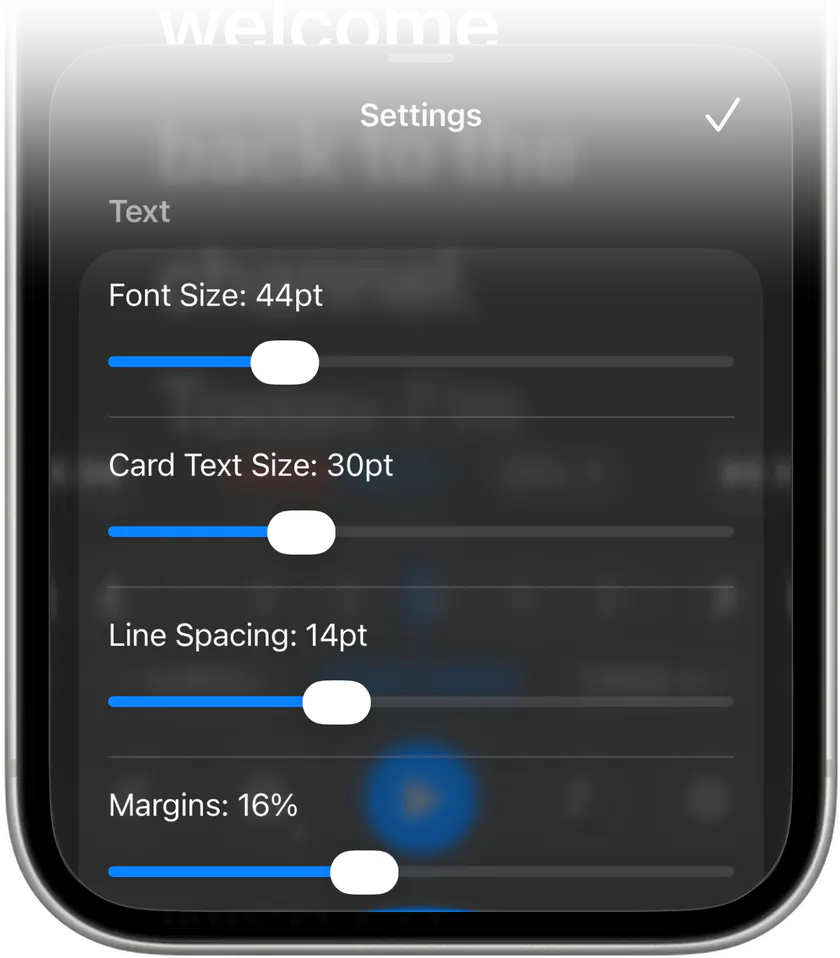 Text settings on iPhone: font size, card text size, line spacing and margins