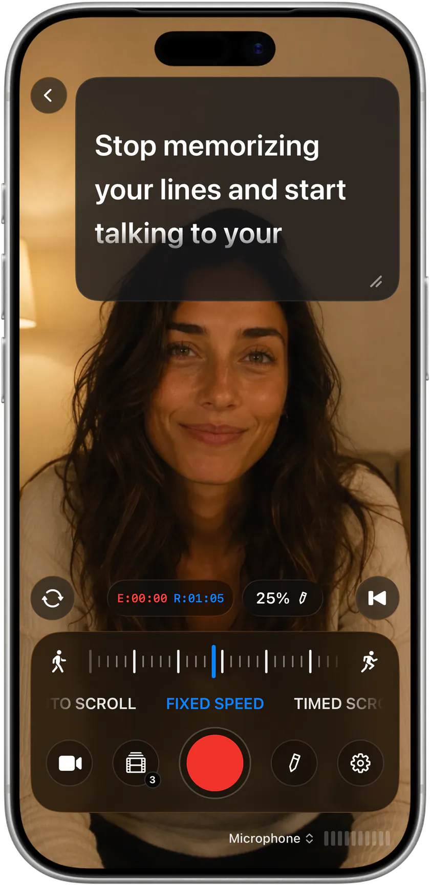 Recording video on iPhone with the script floating over the camera preview