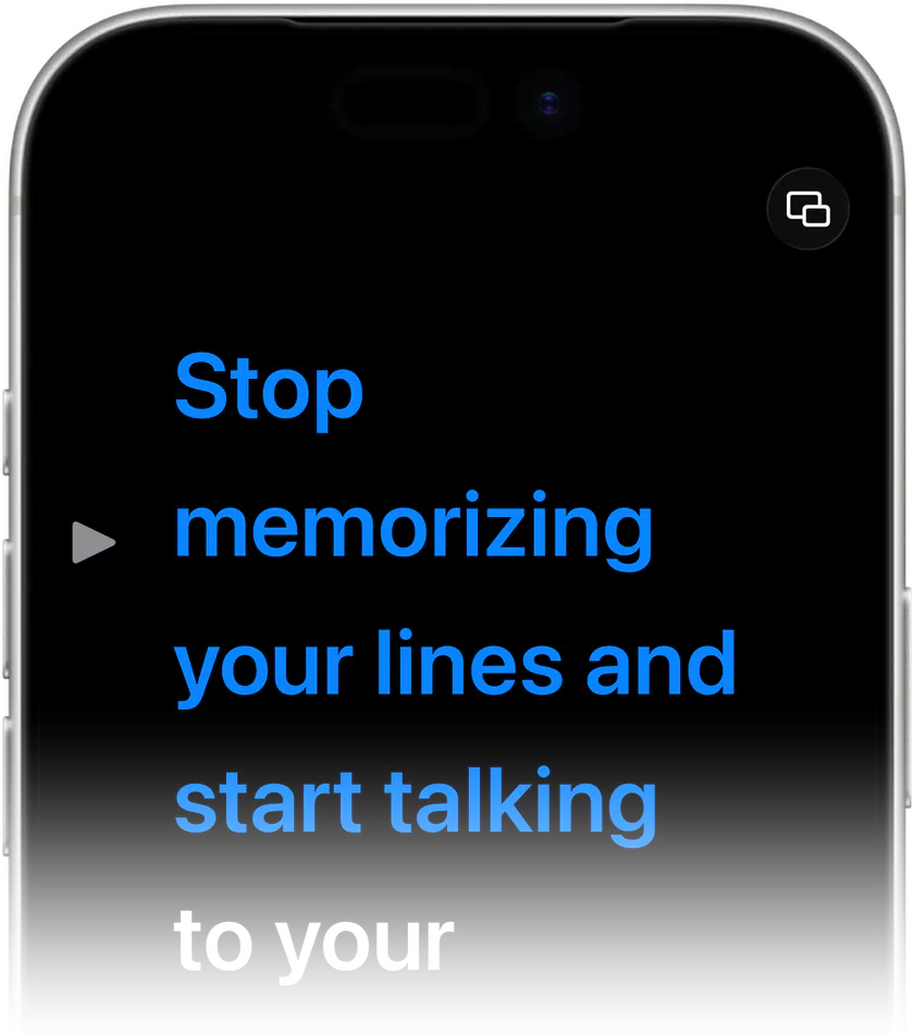 Teleprompter Premium+ on iPhone highlighting each word in blue as the script follows the reader's voice