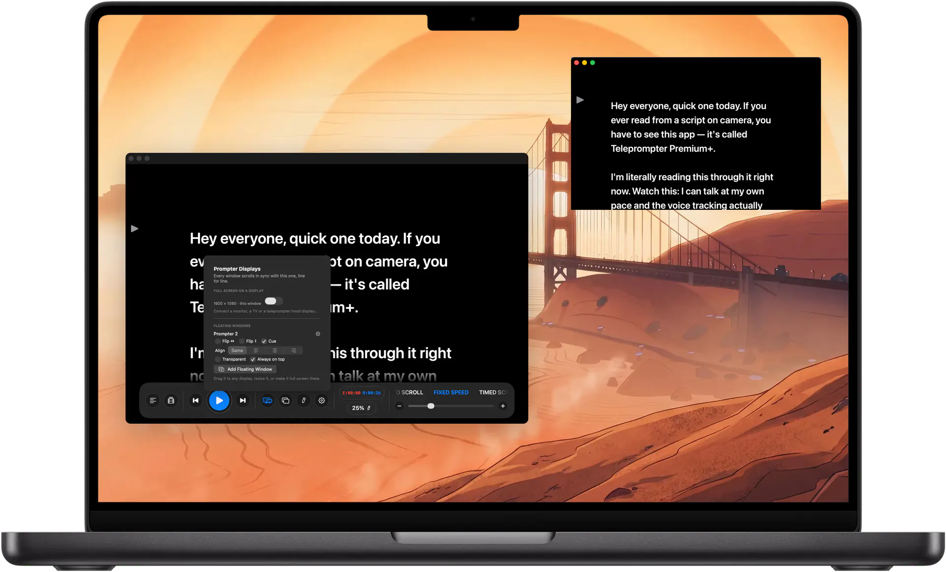 Prompter Displays on the Mac: a floating prompter window scrolling in sync with the main one
