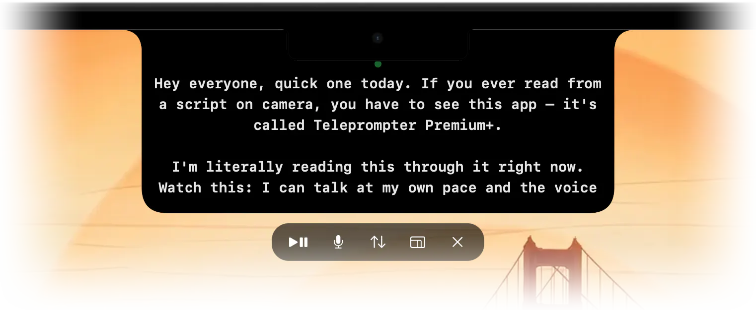 The Mac overlay prompter docked under the MacBook camera notch