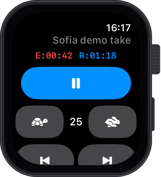 The Apple Watch remote: play and pause, speed, jumps and the elapsed and remaining clocks