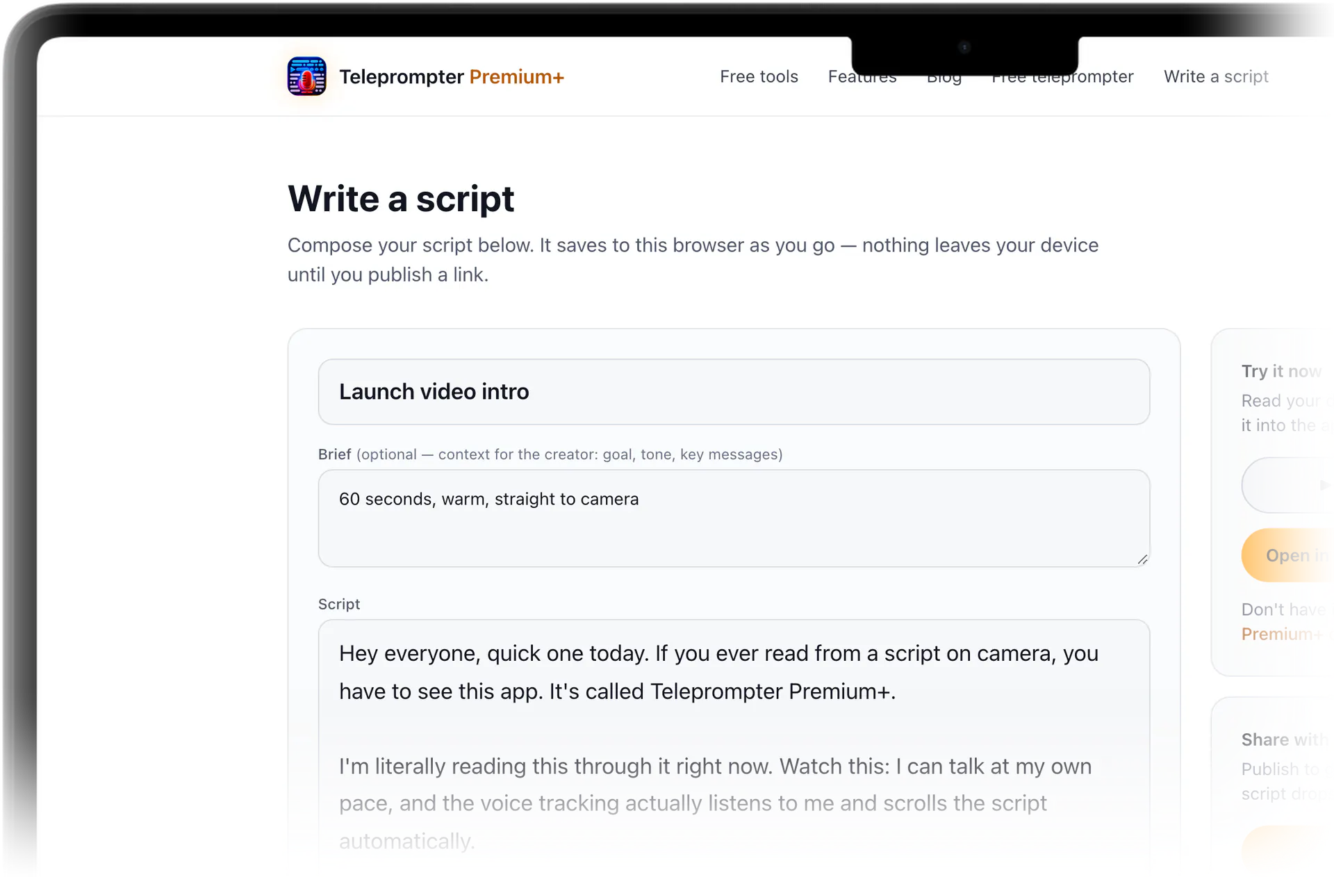 The free online script editor on this site: title, brief and script, saved in the browser