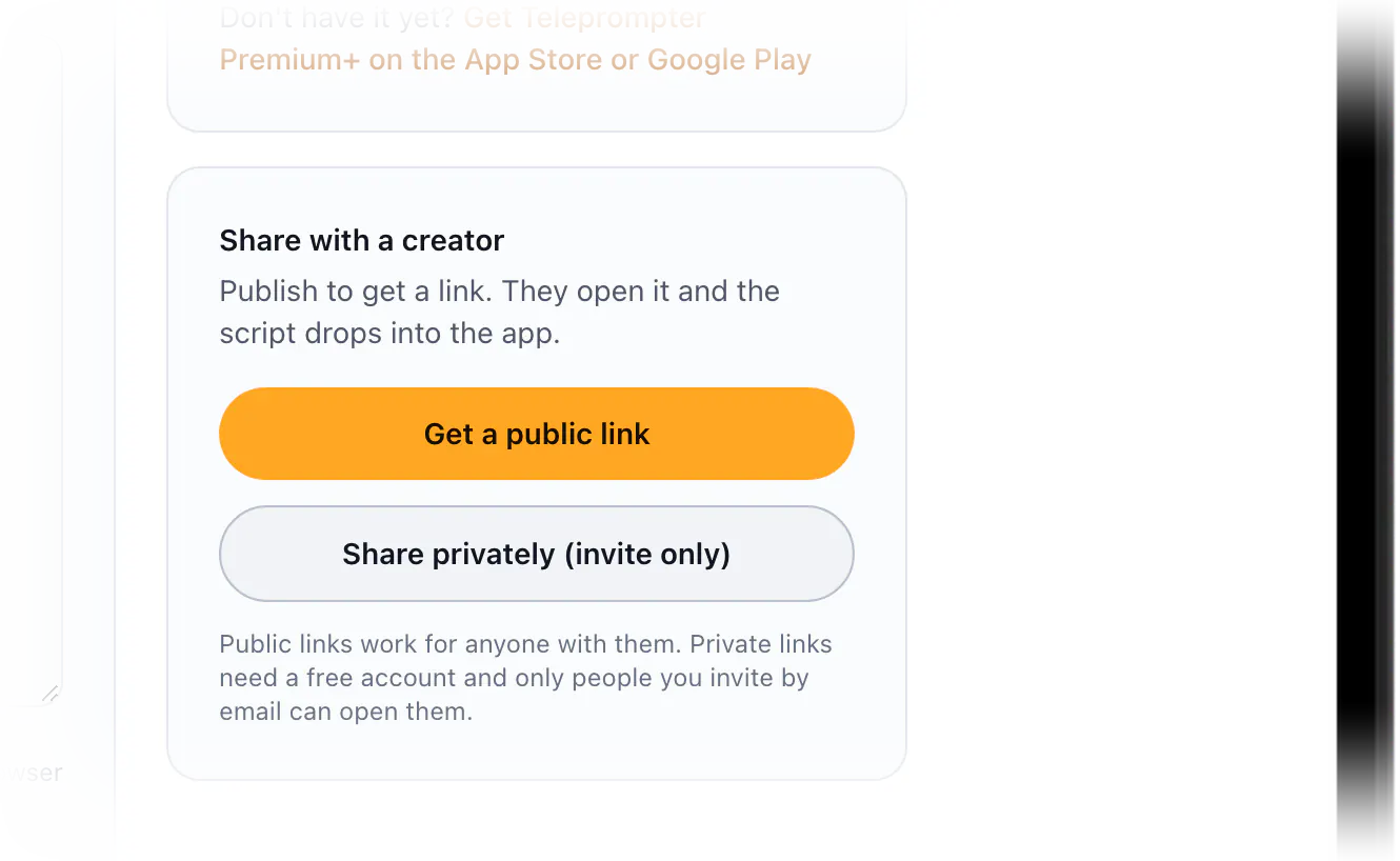 Share with a creator: a public link, or a private one for people you invite by email